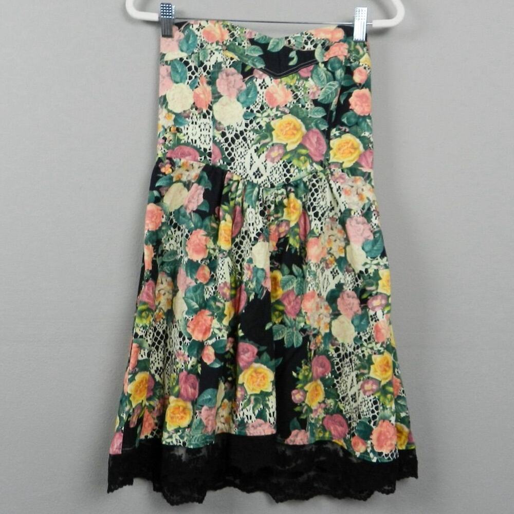 Antix Brazil Floral Strapless Dress Size M Black Green Pink Yellow Fit and Flare